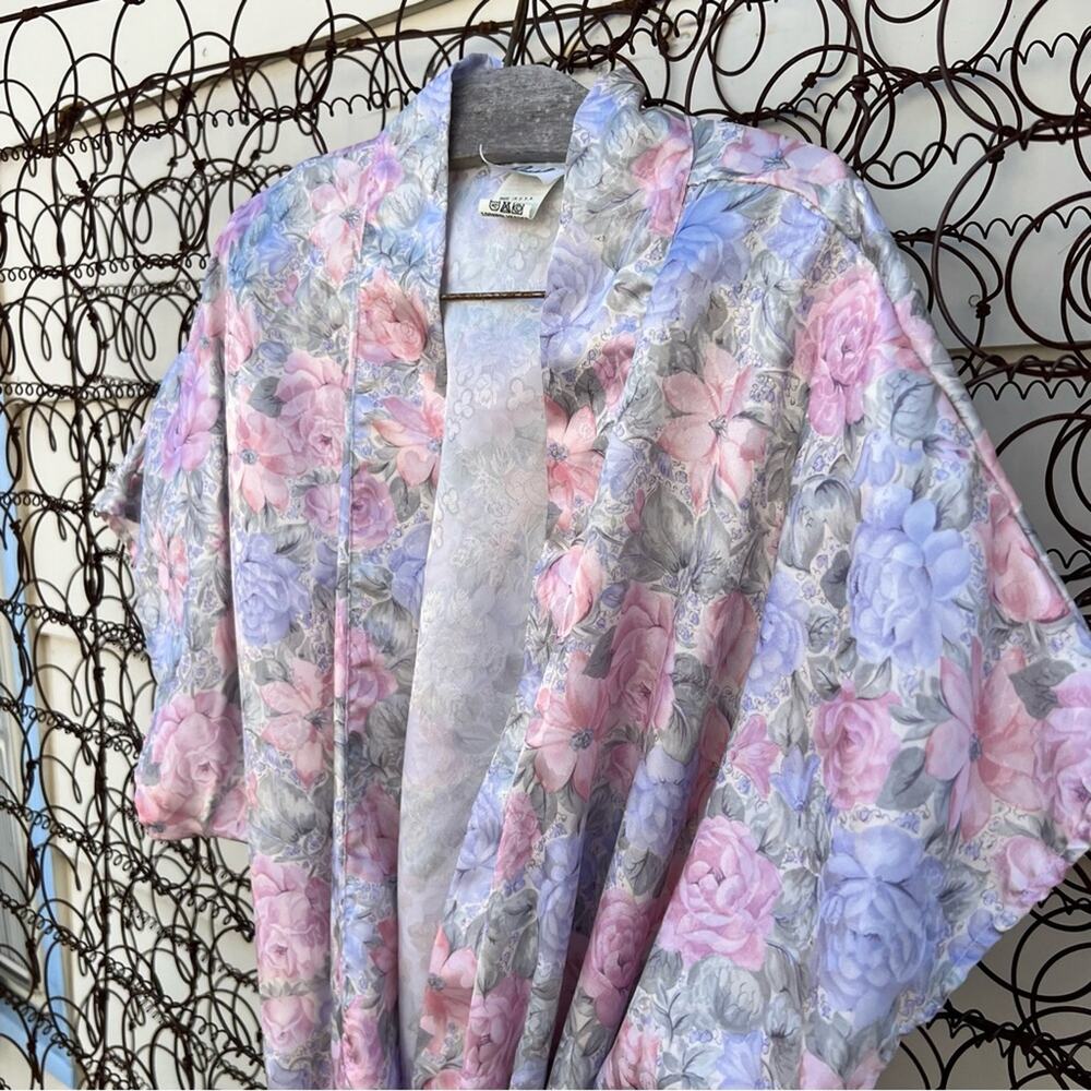 Vintage 90s Pinx pastel blue pink floral slinky short bathrobe 2X PLUS VOLUP - Picture 3 of 5